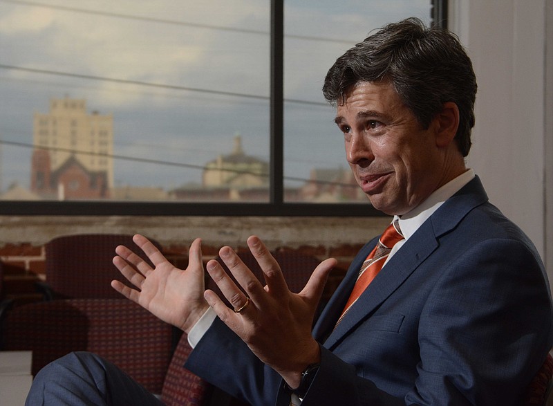 Chattanooga Mayor Andy Berke speaks to members of the Chattanooga Times Free Press editorial board on May 20, 2015, in Chattanooga.