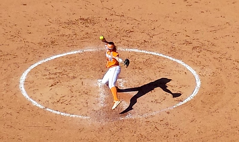 Tennessee's Gretchen Aucoin fires to the plate during the fifth inning of the Lady Vols' Super Regional softball game against Florida State on May 22, 2015.