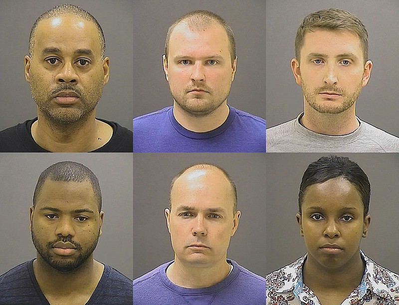 
              These undated photos provided by the Baltimore Police Department, show Baltimore police officers, top row from left, Caesar R. Goodson Jr., Garrett E. Miller and Edward M. Nero, and bottom row from left, William G. Porter, Brian W. Rice and Alicia D. White, charged with felonies ranging from assault to murder in the police-custody death of Freddie Gray. A grand jury indicted the six officers, State's Attorney Marilyn Mosby said Thursday, May 21, 2015. (Baltimore Police Department via AP, File)
            