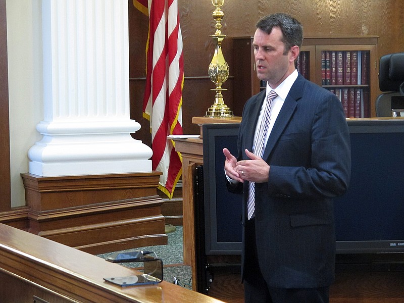 Christopher Kinsler, an assistant Ohio Attorney General, makes opening remarks in the Union County trial of an Ohio guardsman accused of sexually assaulting three adopted daughters and his stepdaughter in Marysville, Ohio, on May 11, 2015,.