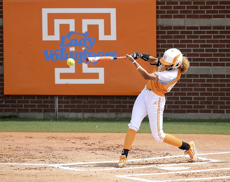 Tennessee's Rainey Gaffin (42) drives a base hit up the middle against Utah during their game in Knoxville in this May 17, 2015, file photo. (AP Photo/The Daily Times, Scott Keller) MANDATORY Credit