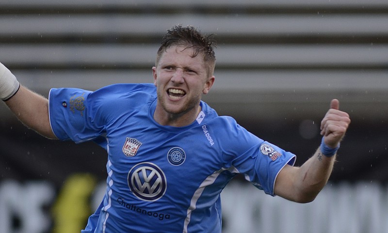 Chattanooga Football Club's Luke Winter celebrates a goal in the game against Wilmington Hammerheads at Finley Stadium in this 2014 file photo.