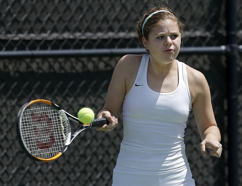 Boyd-Buchanan tennis player Katie Delay returns the ball during her A-AA state girls tennis tournament championship doubles match with teammate Makenna Thomas against CAK's Elise DeNicola and Allison Ivey at the TSSAA Spring Fling in Murfreesboro, Tenn., on May 21, 2015, 