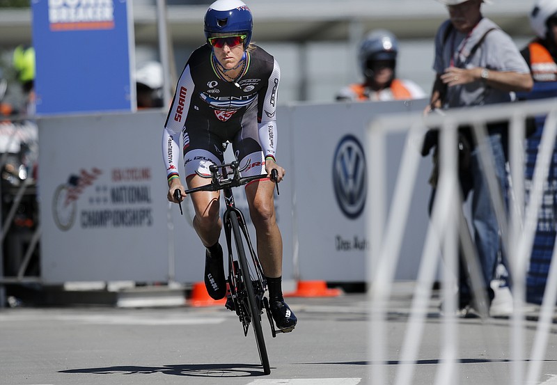 1st place finisher Kristin Armstrong leaves the start to compete in the women's U.S. Pro Cycling time trials competition on Saturday, May 23, 2015, in Chattanooga. The former double Olympic gold medalist finished in 42:08 minutes.