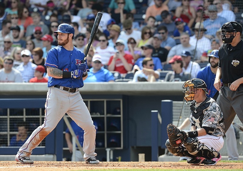 
              FILE - In this May 10, 2015 file photo, Texas Rangers' Josh Hamilton bats in the fifth inning against the Nashville Sounds on in Nashville, Tenn. Hamilton is done with his personal spring training and ready to rejoin the Texas Rangers. The slugger is set to fly Sunday, May 24, 2015,  to Cleveland to meet the team for the start of a three-game series against the Indians. (AP Photo/Mark Zaleski, File)
            