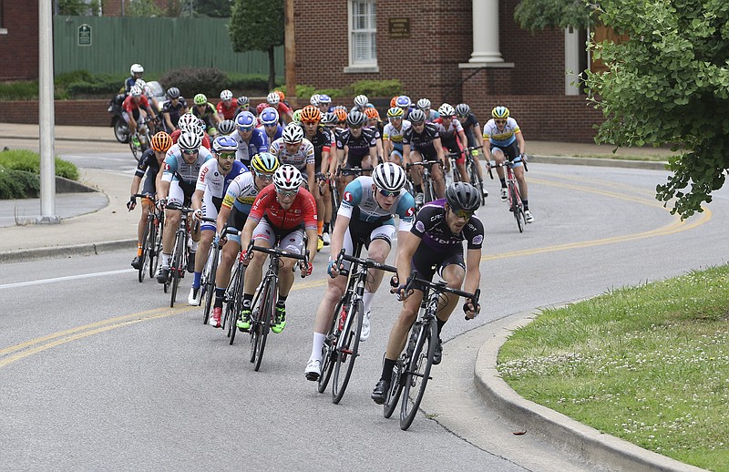 Professional cyclists weave through downtown Chattanooga on Monday May 25, 2015, during the 2015 Volkswagen USA Cycling Pro Road & Time Trial National Championships. 