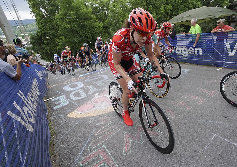 Lindsay Bayer racing for Pepper Palace Pro Cycling presented by The Happy Tooth climbs Kent Street during the 2015 Volkswagen USA Cycling Pro Road & Time Trial National Championships in Chattanooga on Monday May 25, 2015. 