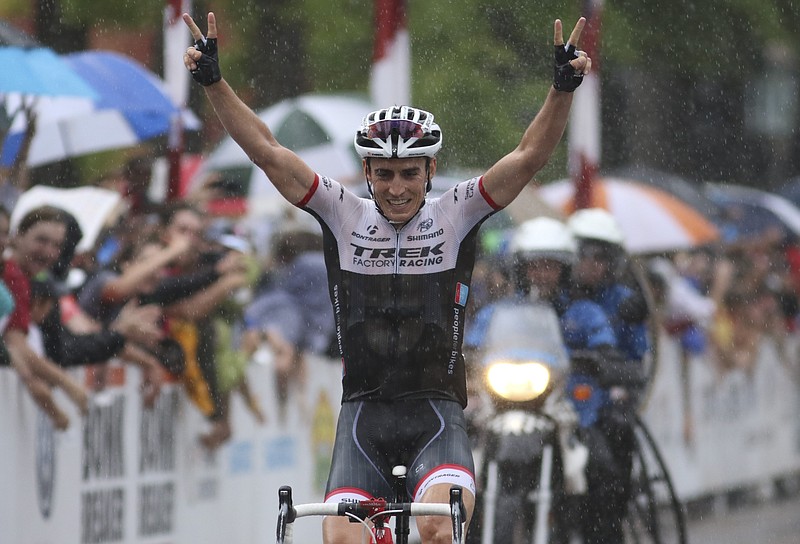 Matthew Busche riding for Trek Factory Racing takes the win on Monday May 25, 2015 during the 2015 Volkswagen USA Cycling Pro Road & Time Trial National Championships in Chattanooga.