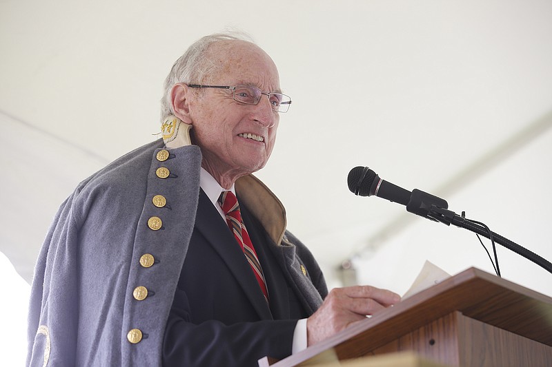 Former Georgia football coach Vince Dooley speaks with a Confederate general's coat around his shoulders at the dedication of the Atlanta Campaign Heritage Trail on May 10, 2014, at the Tunnel Hill Heritage Center in Tunnel Hill, Ga.