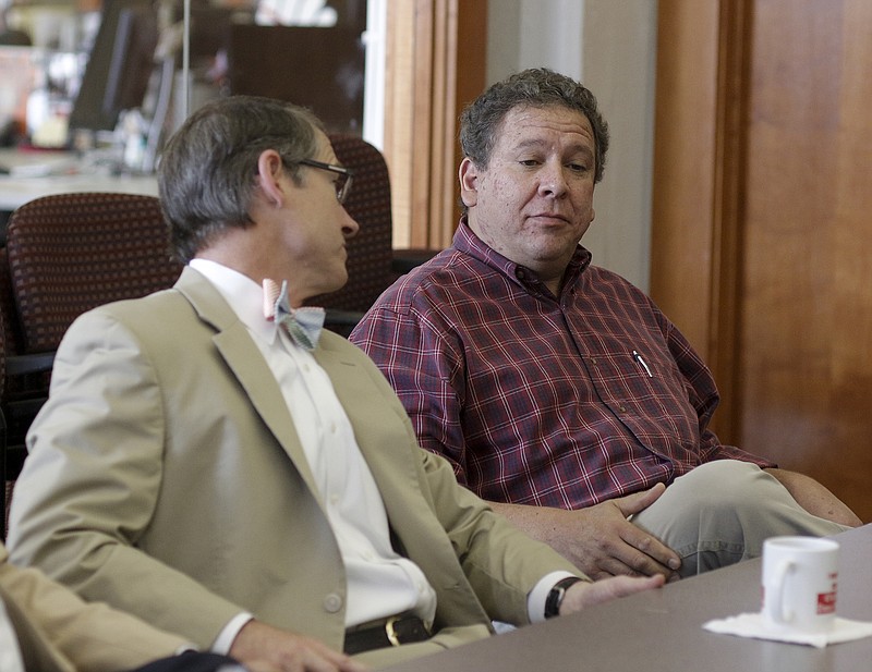 State Rep. Gerald McCormick, right, and Sen. Bo Watson talk during a meeting at the Times Free Press offices Tuesday, May 26, 2015, in Chattanooga.
