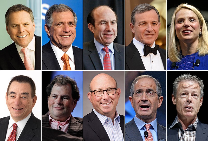 
              This photo shows the ten highest-paid CEOs in 2014, according to a study carried out by executive compensation data firm Equilar and The Associated Press. Top row, from left: David Zaslav, Discovery Communications; Les Moonves, CBS; Philippe Dauman, Viacom;  Robert Iger, Walt Disney; and Marissa Mayer, Yahoo. Bottom row, from left: Leonard Schleifer, Regeneron Pharmaceuticals; Marc Benioff, Salesforce; Jeffrey Leiden, Vertex Pharmaceuticals; Brian Roberts, Comcast; and Jeffrey Bewkes, Time Warner. (AP Photo)
            