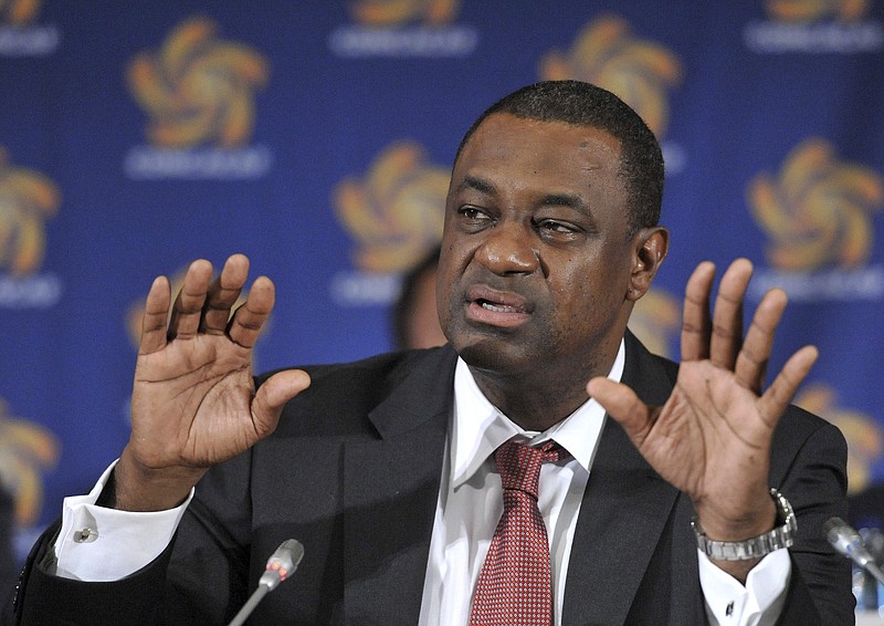 
              FILE - This May 23, 2012 file photo shows CONCACAF  president Jeffrey Webb speaking at the CONCACAF presidential election in Budapest, Hungary. Webb is among the soccer officials that were arrested and detained by Swiss police on Wednesday, May 27, 2015, at the request of U.S. authorities after a raid at Baur au Lac Hotel in Zurich.  (Szilard Koszticsak/MTI via AP, File)
            