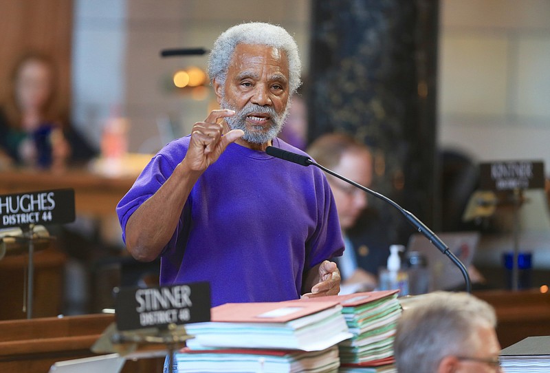 
              Nebraska state Sen. Ernie Chambers of Omaha speaks in Lincoln, Neb., Wednesday, May 27, 2015, during debate on overriding Gov. Pete Ricketts' veto of a death penalty repeal bill, in a vote that would make it the first traditionally conservative state to abolish capital punishment in more than four decades. (AP Photo/Nati Harnik)
            