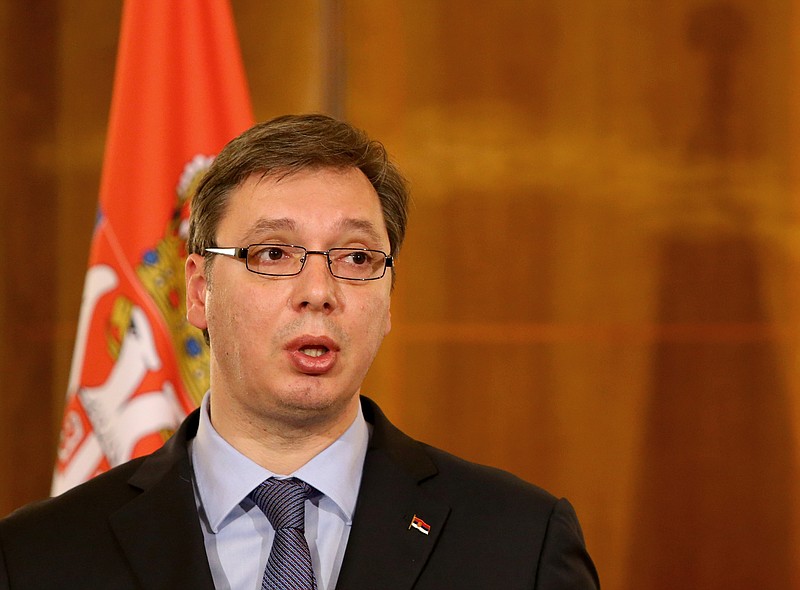 
              Serbian Prime Minister, Aleksandar Vucic, speaks at the news conference after talks with host Albanian Prime Minister Edi Rama, as the first Serbian leader to visit the nation after a troubled past, at the Palace of Brigades in the Albanian capital, Tirana, Wednesday, May 27, 2015. Both countries are trying to overcome their troubled past while working toward EU membership. Relations between the two Balkan states remain strained, mainly over the former Serbian province of Kosovo where majority ethnic Albanians declared independence in 2008 which Serbia refused to recognize.  (AP Photo/Hektor Pustina)
            