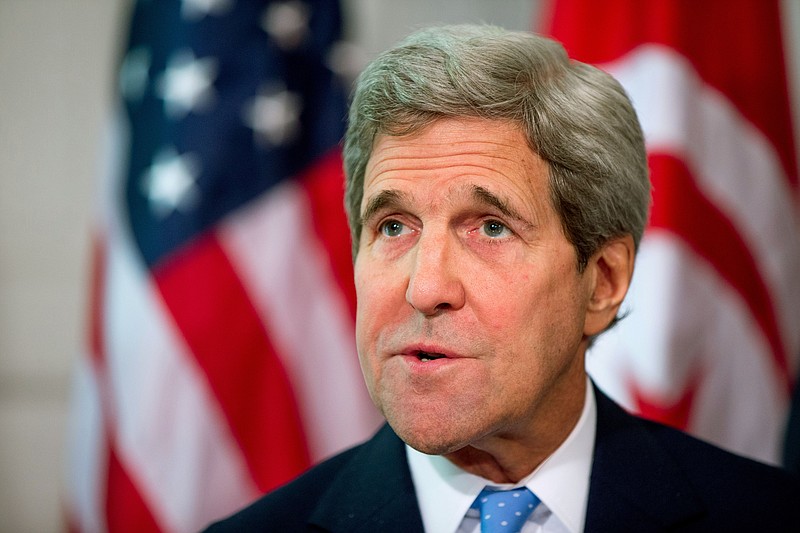 
              FILE - In this May 20, 2015 file photo, Secretary of State John Kerry speaks at the Blair House in Washington. Kerry is in stable condition in a Swiss hospital after suffering a leg injury in a bike crash on Sunday, May 31, 2015. Kerry was flown to Hospital University Geneva and is being evaluated. (AP Photo/Andrew Harnik, File)
            