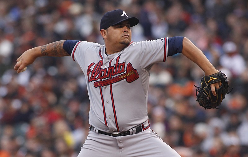 Atlanta Braves pitcher Williams Perez throws to the San Francisco Giants during the first inning of a baseball game Saturday, May 30, 2015, in San Francisco. 