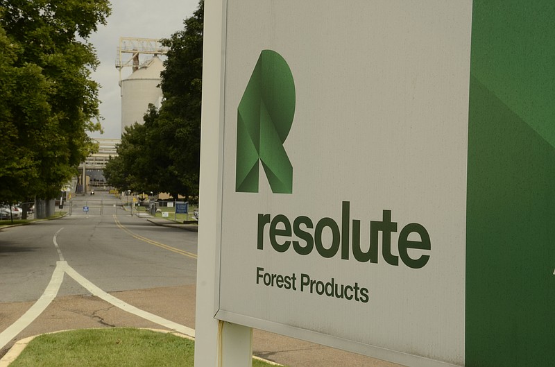 The entrance sign of the Resolute Forest Products plant in Calhoun, Tenn., is photographed on Aug. 19, 2014.