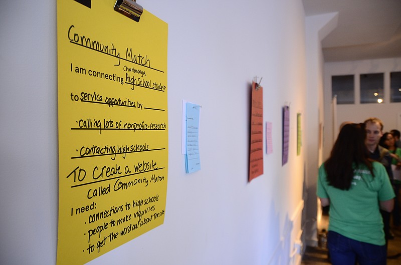 One of the winning ideas of the Causeway Challenge, which enabled individuals to utilize creative, innovative ways to connect the city, hangs on the wall at Causeway headquarters on Patten Parkway in Chattanooga in this October 7, 2014, file photo.