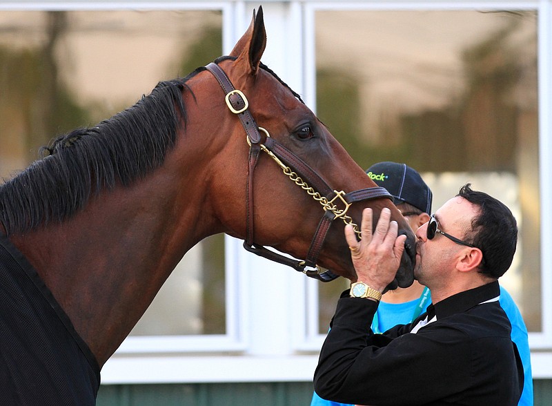 Exercise rider Jorge Alvarez kisses American Pharoah on the nose after American Pharoah won the 147th running of the Belmont Stakes horse race to win the first Triple Crown in 37 years at Belmont Park, Saturday, June 6, 2015, in Elmont, N.Y. 