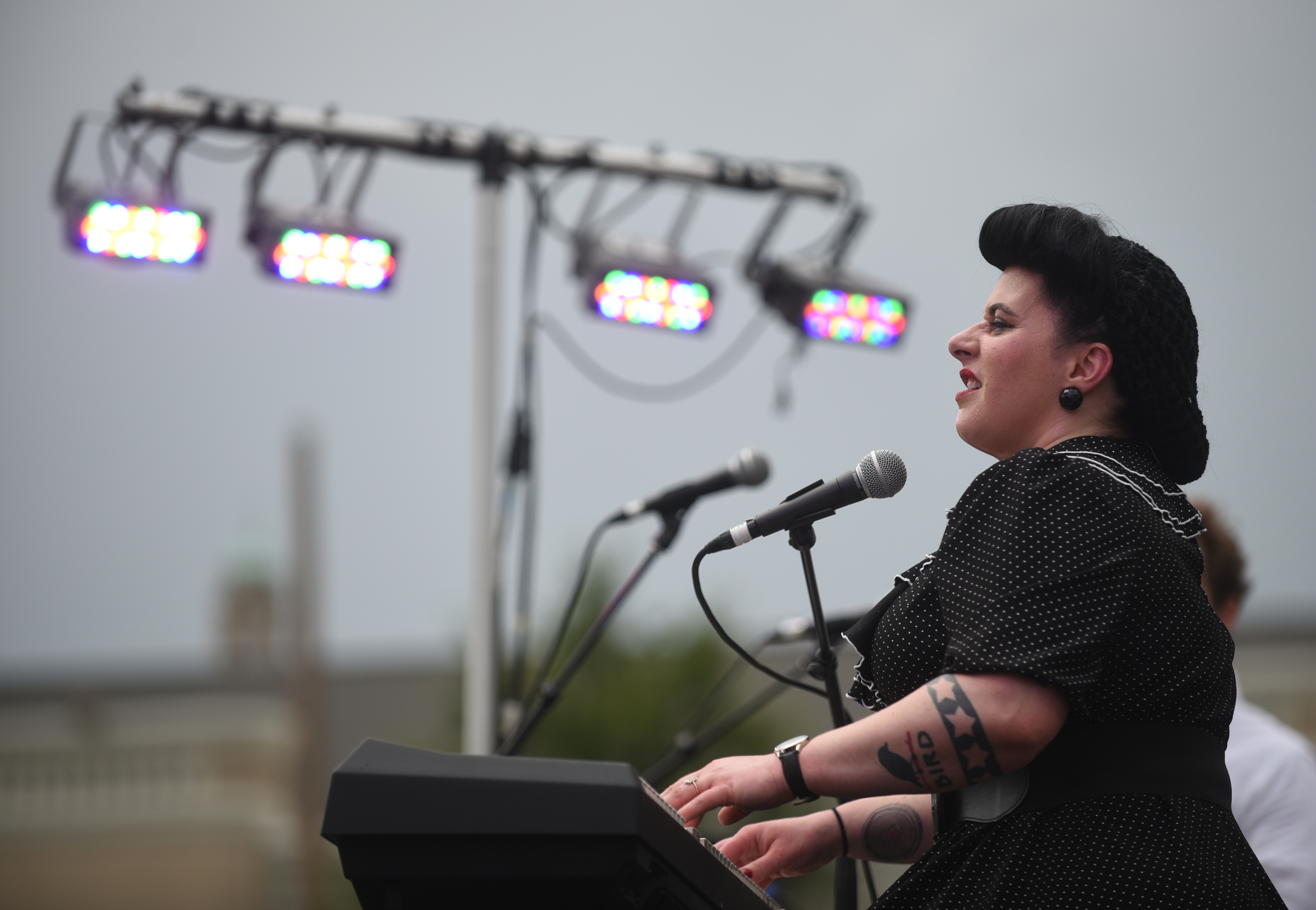 Staff Photo by Angela Lewis Foster/ The Chattanooga Times Free Press- 6/08/15
Davina Sowers, with Davina & The Vagabonds, performs at the Champy's Chicken Stage Monday at the Bessie Smith Strut.