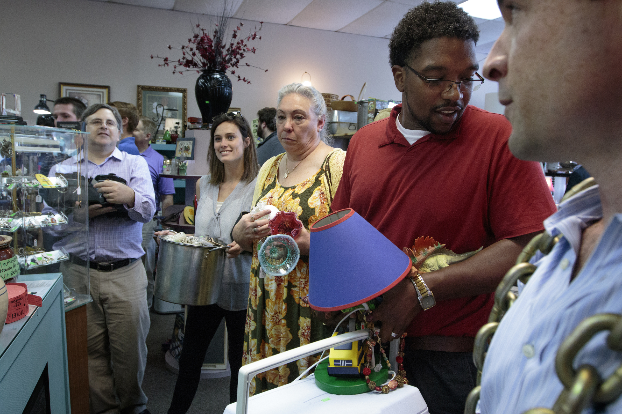 Staff photo by Doug Strickland
Customers line up to check out of the Finders Keepers Resale Store located in a shopping center where Middle Valley Road has been temporarily closed for the construction of a new Wal Mart Neighborhood Market store Wednesday, June 10, 2015, in Hixson, Tenn.