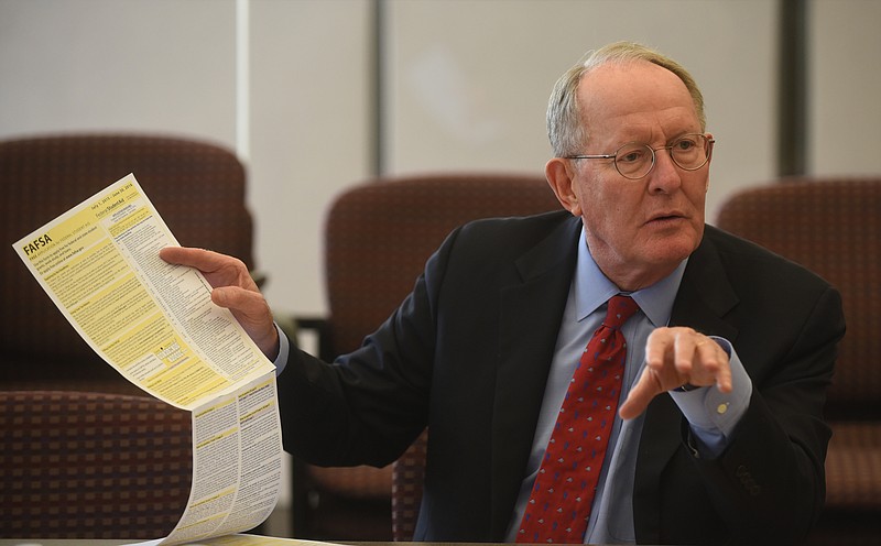 Staff Photo by Angela Lewis FosterSen. Lamar Alexander speaks to reporters and editors at the Chattanooga Times Free Press.