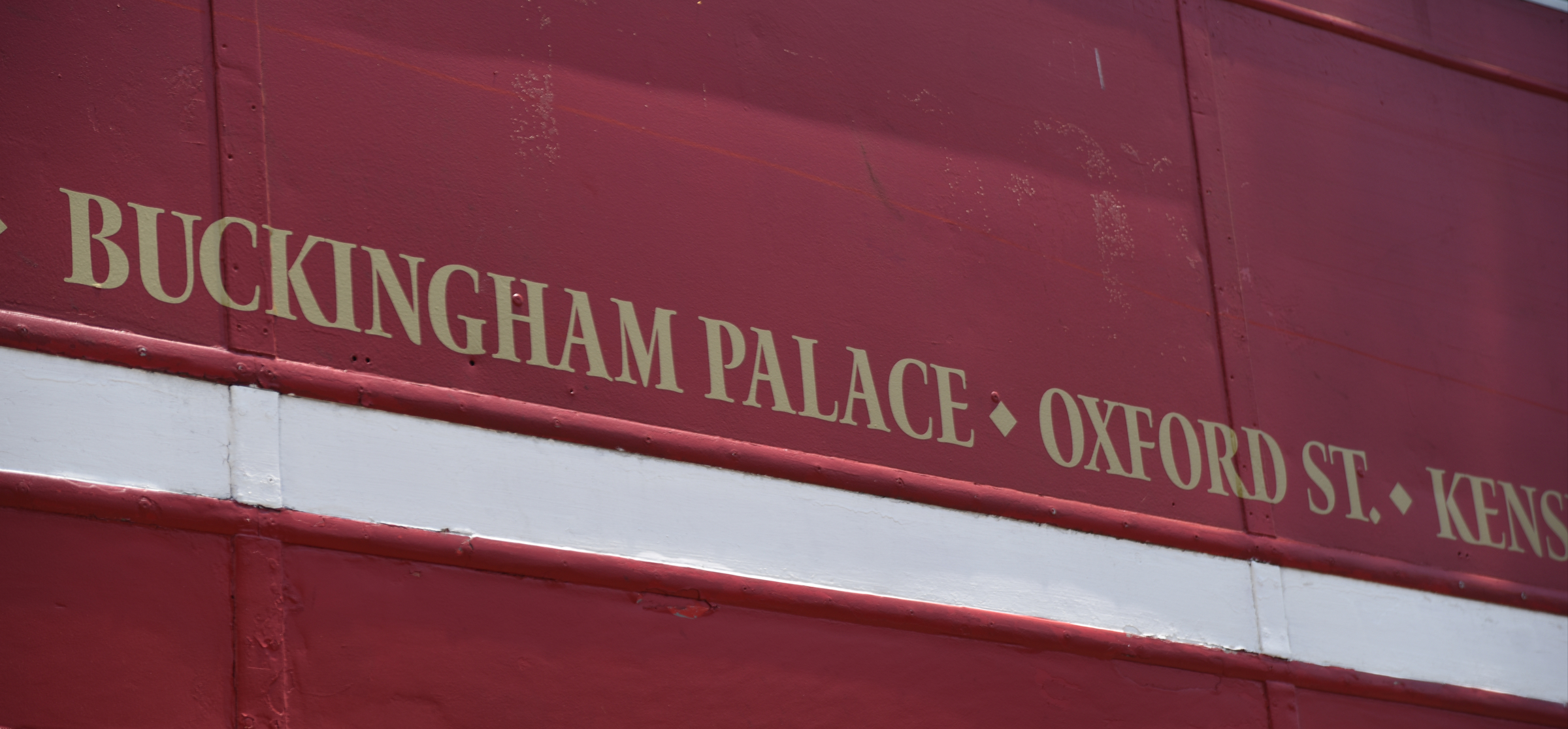 The double-decker bus still sports stickers that were added for filming. The bus has a cameo in the new Captain America movie that is being made now.