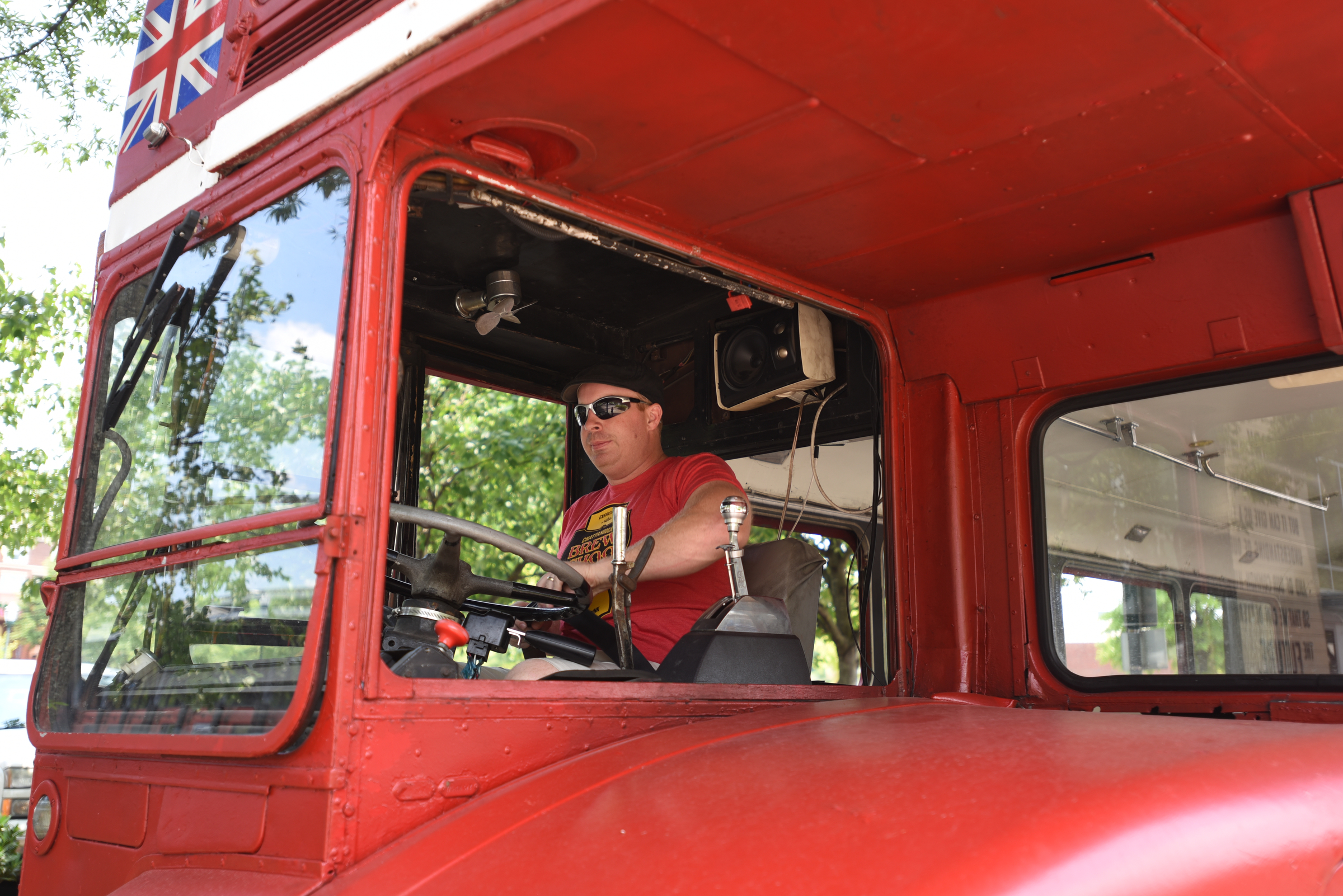 Rufus Marye prepares to begin a tour in the double-decker bus Saturday afternoon. The bus has a cameo in the new Captain America movie that is being made now.