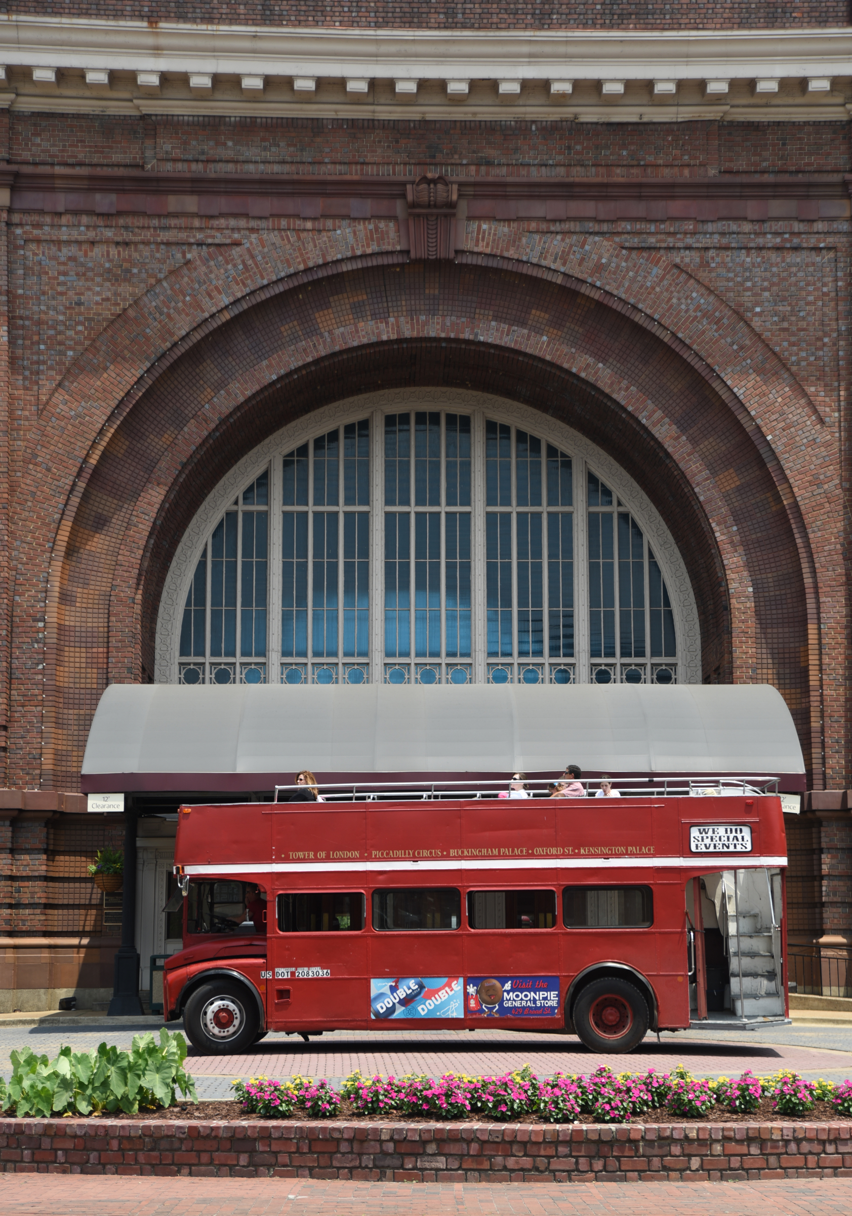 The double-decker bus pauses at the Chattanooga Choo Choo during a tour Saturday afternoon. The bus has a cameo in the new Captain America movie that is being made now.