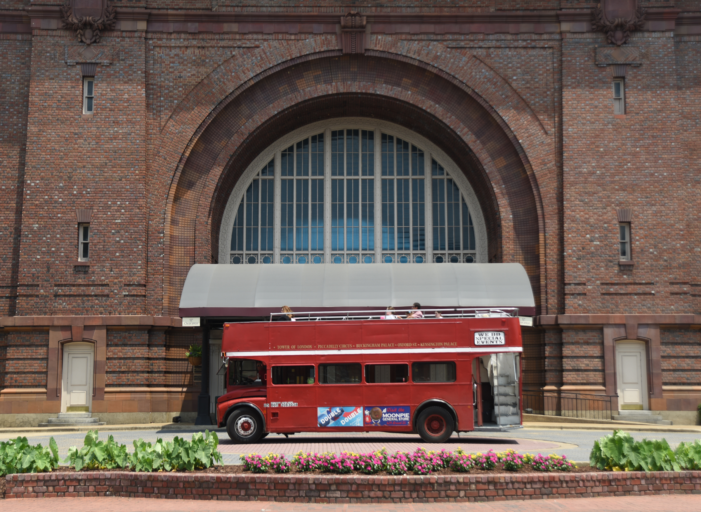 The double-decker bus pauses at the Chattanooga Choo Choo during a tour Saturday afternoon. The bus has a cameo in the new Captain America movie that is being made now.