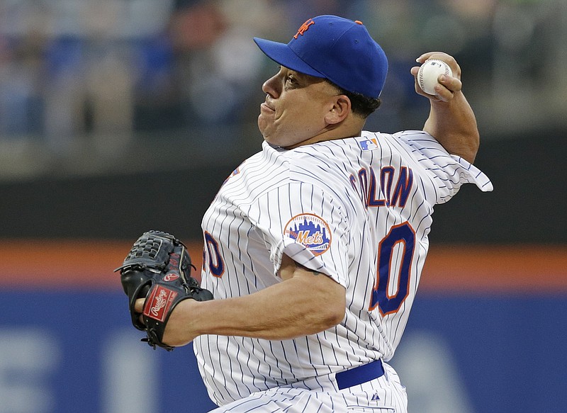 New York Mets' Bartolo Colon delivers a pitch during the first inning of a baseball game against the Atlanta Braves, Friday, June 12, 2015, in New York.