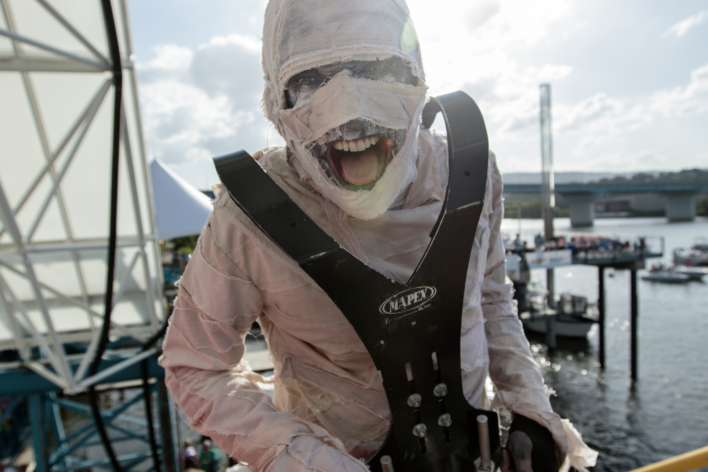 Staff photo by Doug Strickland
A performer with band Here Come the Mummies ascends the stairs to the Coca Cola stage during the final day of the Riverbend Festival on Saturday, June 13, 2015, in Chattanooga, Tenn. Headliner Stone Temple Pilots closed the festival.