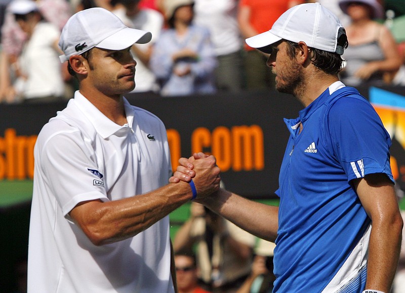 
              FILE- In this Jan. 23, 2007, file photo, Andy Roddick, left, of the United States, is congratulated by compatriot Mardy Fish after their quarterfinal match at the Australian Open tennis tournament in Melbourne, Australia. The pair will play doubles together at the BB&T Atlanta Open next month, and Fish is also going to attempt another comeback in singles.   (AP Photo/Andrew Brownbill, File)
            