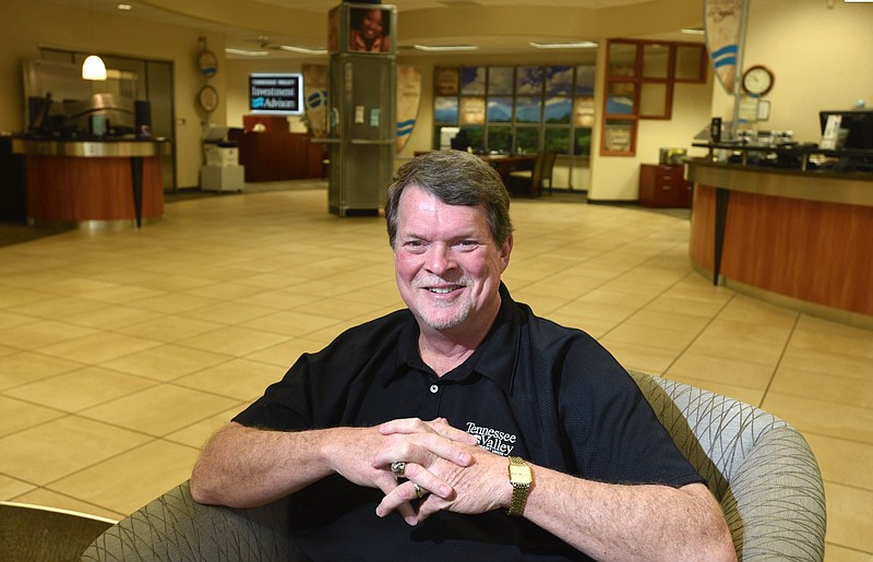 Tennessee Valley Federal Credit Union president Blake Strickland sits in the lobby of the facility.