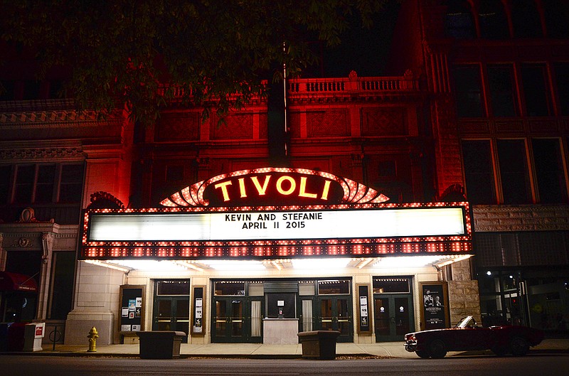 The Tivoli Theatre sits on Broad Street at night in Chattanooga.