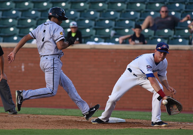 Staff Photo by Angela Lewis Foster/ The Chattanooga Times Free Press- 6/17/15
Lookouts first baseman Max Kepler makes the catch as Jacksonville Suns' Carlos Lopez heads back to first Wednesday at AT&T Field.