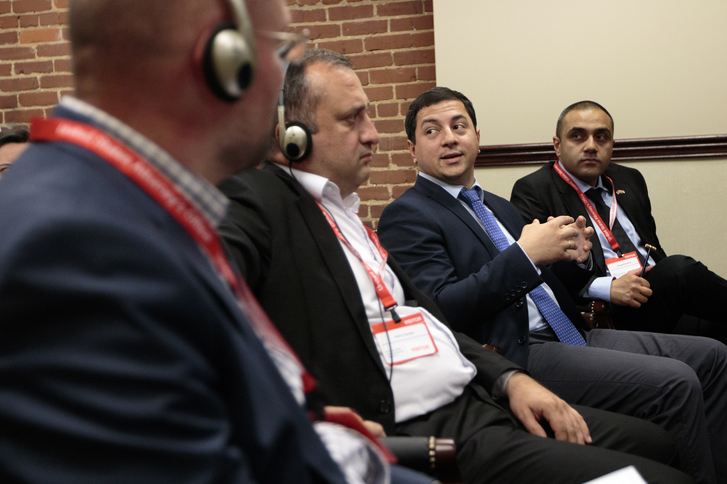 Staff photo by Doug Strickland
Georgian Deputy Minister of the Interior Archil Talakvadze, center right, answers a question during a news conference to introduce delegates from the country of Georgia on Wednesday, June 17, 2015, at the U.S. District Attorney's office in Chattanooga, Tenn. Delegates are visiting Tennessee to learn about the United States legal system.