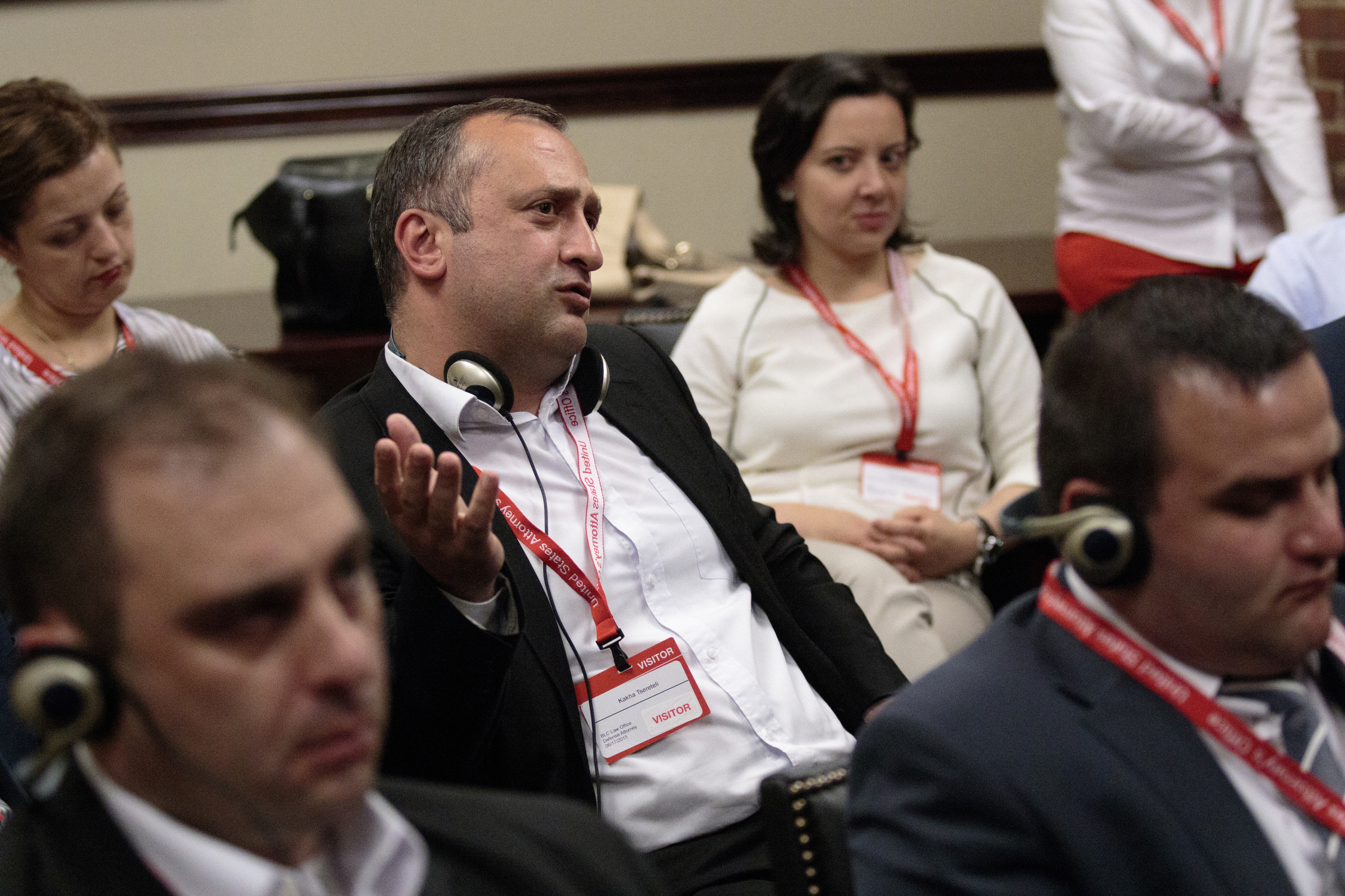 Staff photo by Doug Strickland
Georgian Kakha Tsereteli answers a question during a news conference to introduce delegates from the country of Georgia on Wednesday, June 17, 2015, at the U.S. District Attorney's office in Chattanooga, Tenn. Delegates are visiting Tennessee to learn about the United States legal system.