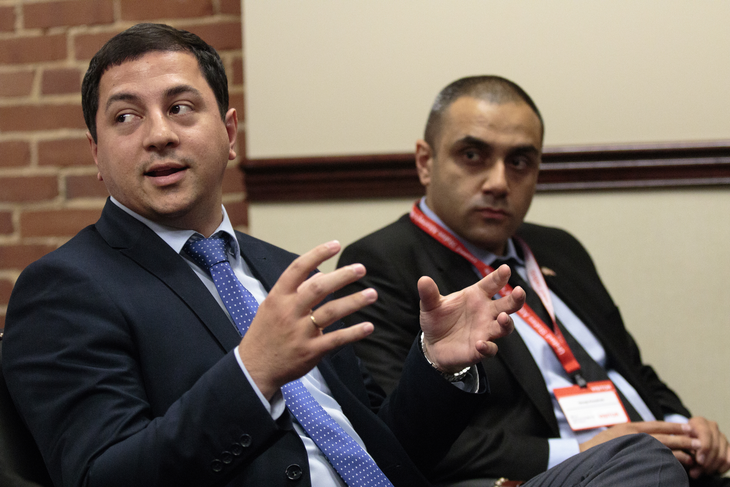 Staff photo by Doug Strickland
Georgian Giorgi Arsoshvili, right, listens as the Deputy Minister of the Interior Archil Talakvadze answers a question during a news conference to introduce delegates from the country of Georgia on Wednesday, June 17, 2015, at the U.S. District Attorney's office in Chattanooga, Tenn. Delegates are visiting Tennessee to learn about the United States legal system.