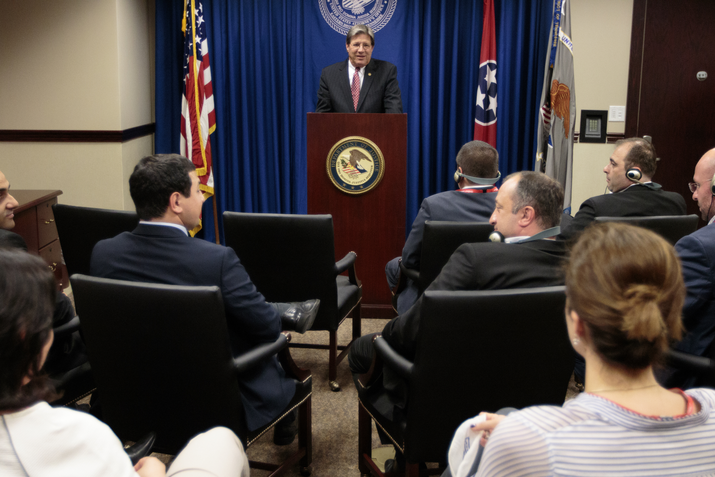 Staff photo by Doug Strickland
U.S. Attorney Bill Killian answers questions at a podium ahead of Georgian visitors during a news conference to introduce delegates from the country of Georgia on Wednesday, June 17, 2015, at the U.S. District Attorney's office in Chattanooga, Tenn. Delegates are visiting Tennessee to learn about the United States legal system.