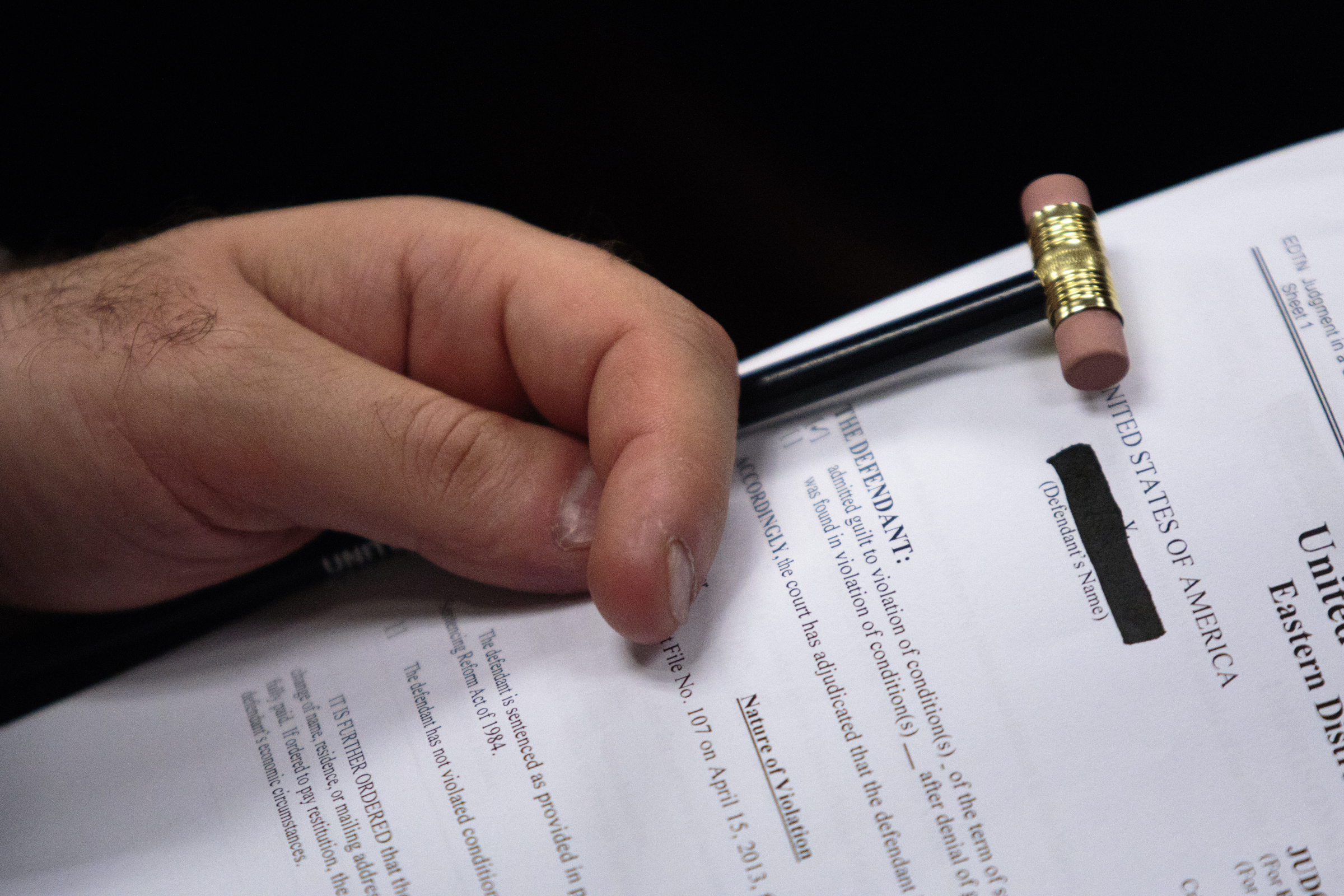 Staff photo by Doug Strickland
Georgian Kakha Tsereteli holds a pencil shaped like a gavel during a news conference to introduce delegates from the country of Georgia on Wednesday, June 17, 2015, at the U.S. District Attorney's office in Chattanooga, Tenn. Delegates are visiting Tennessee to learn about the United States legal system.
