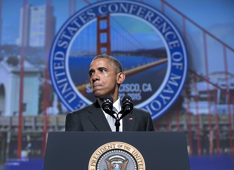 
              In this June 19, 2015, photo, President Barack Obama pauses as he speaks about gun violence at the Annual Meeting of the U.S. Conference of Mayors in San Francisco. Conceding that congressional action was unlikely soon, President Barack Obama said lawmakers will tighten federal firearms restrictions when they believe the public is demanding it. "I am not resigned," Obama said. "I have faith we will eventually do the right thing."  (AP Photo/Carolyn Kaster)
            