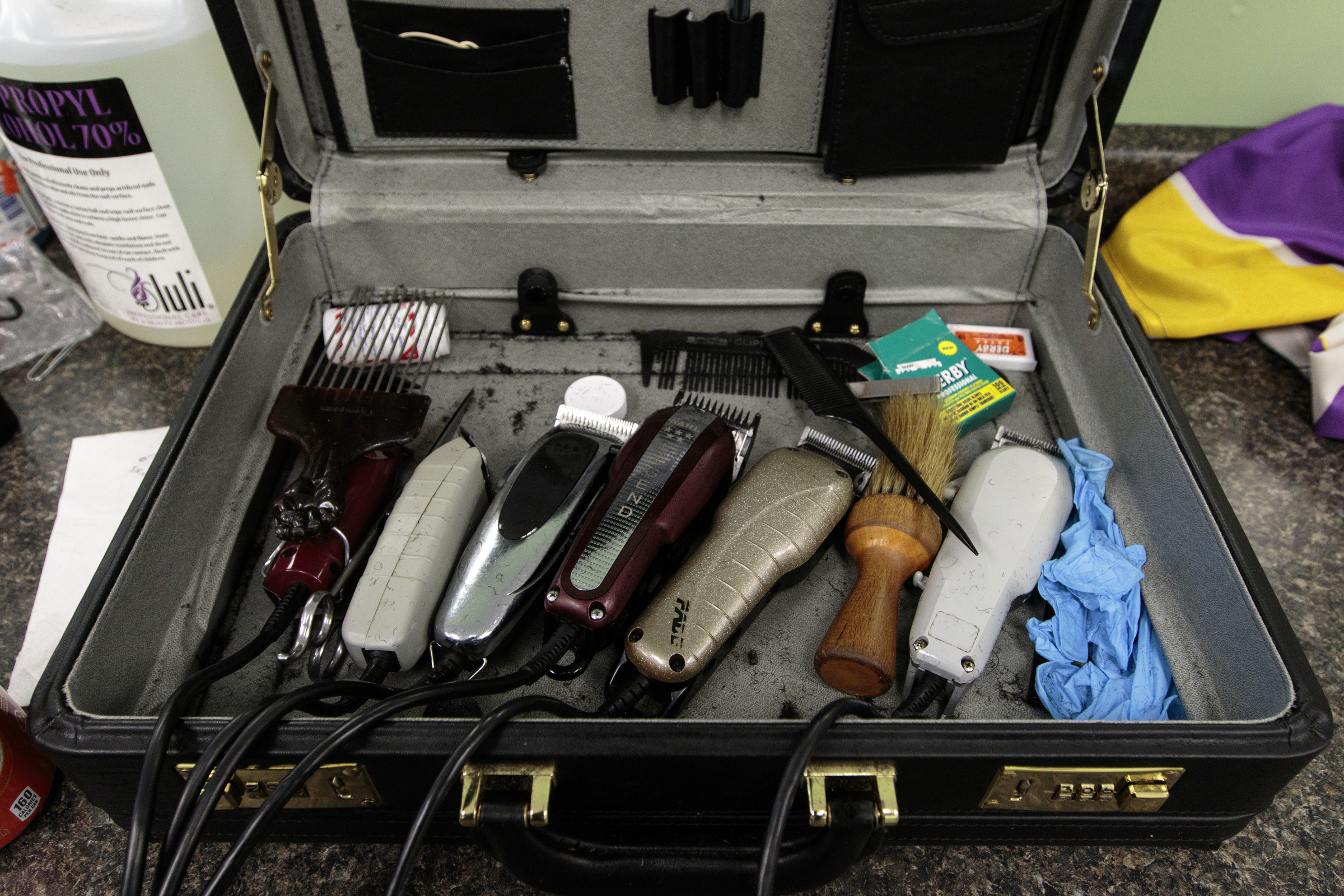 Staff photo by Doug Strickland
A suitcase is filled with barber's tools Wednesday, June 17, 2015, at Baker's Barber College in Chattanooga, Tenn. Tim Baker opened the barber college at the beginning of May.