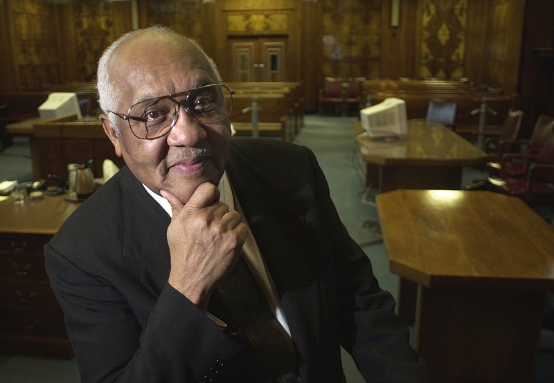 James Mapp sits in the federal courtroom of the Joel W. Solomon Federal Building here where he spent much time during the 26-year period following his filing of the Mapp vs. Chattanooga Board of Education lawsuit to desegregate local schools. (FILE PHOTO BY ANGELA LEWIS)