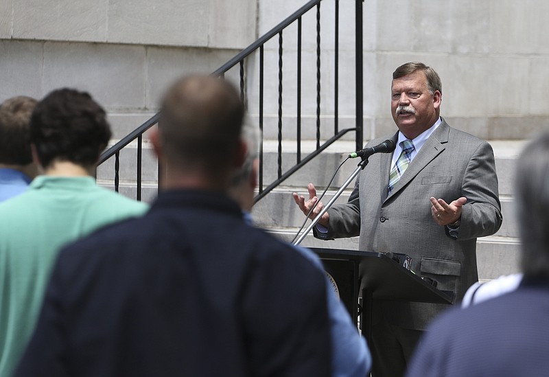 Staff Photo by Dan Henry / The Chattanooga Times Free Press- 6/22/15. Hamilton County Mayor Jim Coppinger vetoes the County Commission's amended budget on June 22, 2015 after they reinstated discretionary funds last Wednesday. 