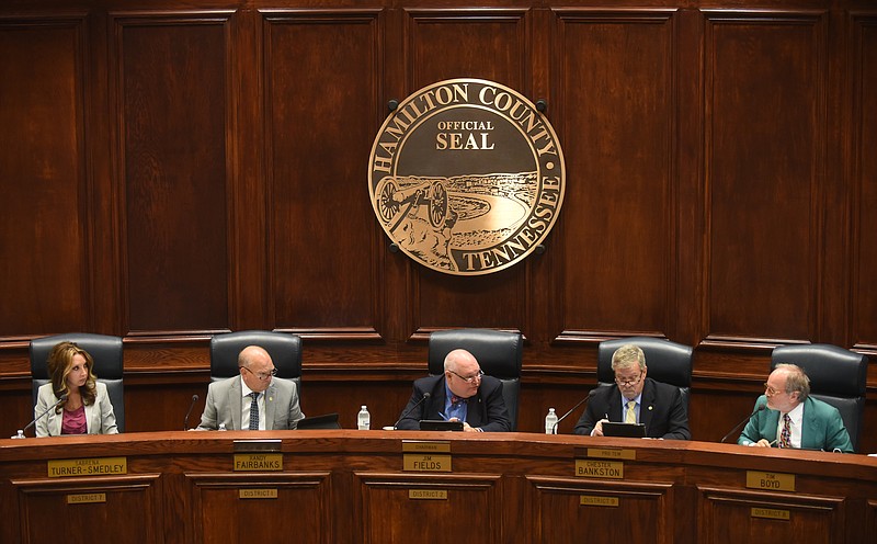 Staff Photo by Angela Lewis FosterThe Hamilton County Commission meets Wednesday in the Hamilton County Courthouse. Commissioners voted to override Mayor Coppinger's veto of the amended budget.