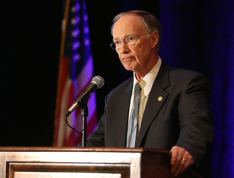 Alabama Gov. Robert Bentley speaks during the Mobile Area Chamber of Commerce Legislative Lunch, Monday, Feb. 2, 2015, at the Renaissance Mobile Riverview Plaza Hotel in Mobile, Ala.
