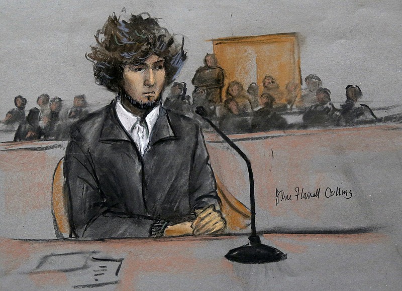 
              FILE - In this Dec. 18, 2014, courtroom sketch, Boston Marathon bombing suspect Dzhokhar Tsarnaev sits in federal court in Boston for a final hearing before his trial begins in January. More than 30 victims of the Boston Marathon bombing and their family members are expected to describe the attack’s impact on their lives before a judge formally sentences Dzhokhar Tsarnaev to death. Tsarnaev’s sentencing hearing is scheduled for Wednesday, June 24, 2015, in U.S. District Court. (Jane Flavell Collins via AP, File)
            