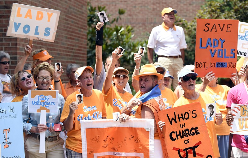 Protestors rally in support of the Lady Volunteers nickname before the University of Tennessee Board of Trustees annual meeting at Hollingsworth Auditorium on June 25, 2015, in Knoxville.