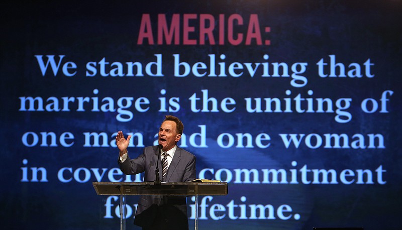 The Rev. Ronnie Floyd, president of the Southern Baptist Convention, makes his intentions about gay marriage known at the Southern Baptist Convention during an address earlier this month at the Greater Columbus Convention Center in Columbus, Ohio.